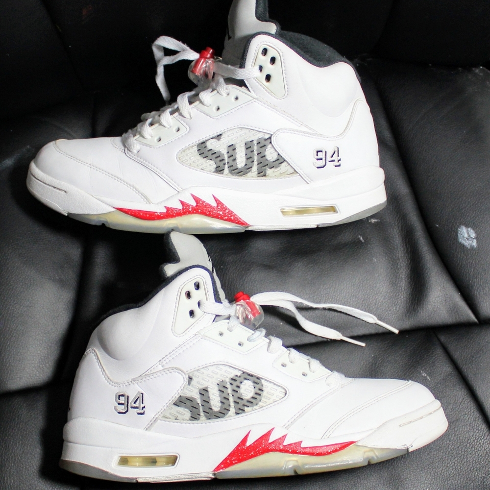 Supreme x jordan 5 white fire red